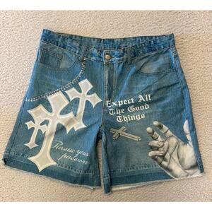 NWT* Romwe Grunge Punk Mens Gothic Cross Street Graphic Denim Shorts Size 36